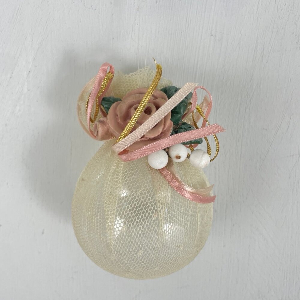 Vintage Ornament 1980s Glass Ball  White Mesh Pink Floral & Ribbon Trim